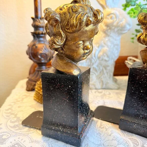 Vintage Borghese Italian Cherub Putti Bookends, Gilt Chalkware Faux Marble Base - Picture 13 of 16